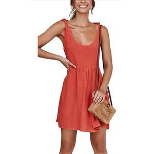 NEW Coral Shoulder Tie Strap Babydoll Dress Swing Mini Sundress M